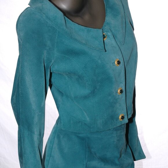 Suede Leather JACKET & SKIRT Dress 2 pc. Suit Set Aqua Teal Danier Womens M / 8 - Picture 4 of 9